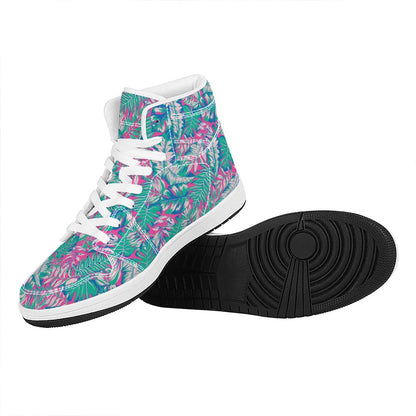 Teal Pink Blossom Tropical Pattern Print High Top Leather Sneakers