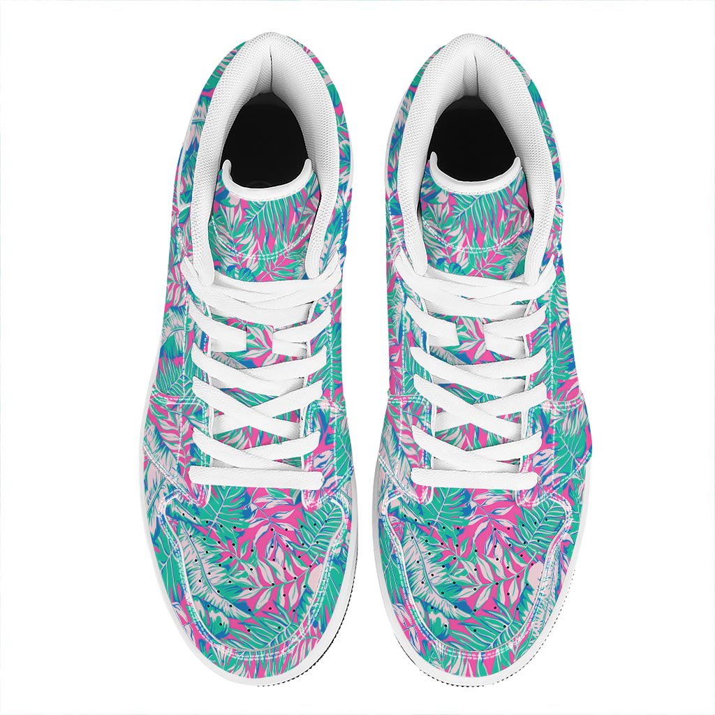 Teal Pink Blossom Tropical Pattern Print High Top Leather Sneakers