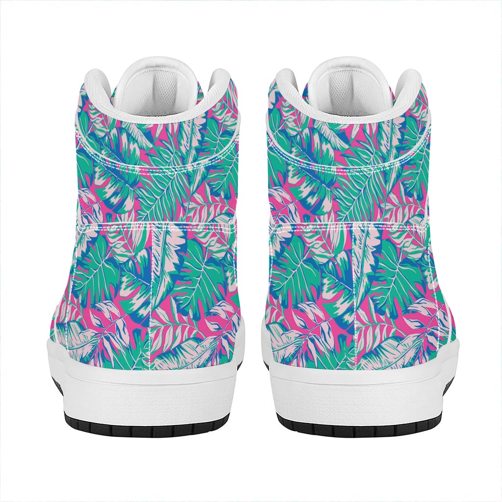Teal Pink Blossom Tropical Pattern Print High Top Leather Sneakers