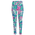 Teal Pink Blossom Tropical Pattern Print High-Waisted Pocket Leggings