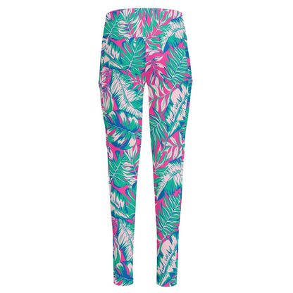 Teal Pink Blossom Tropical Pattern Print High-Waisted Pocket Leggings