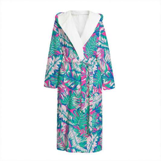 Teal Pink Blossom Tropical Pattern Print Hooded Bathrobe