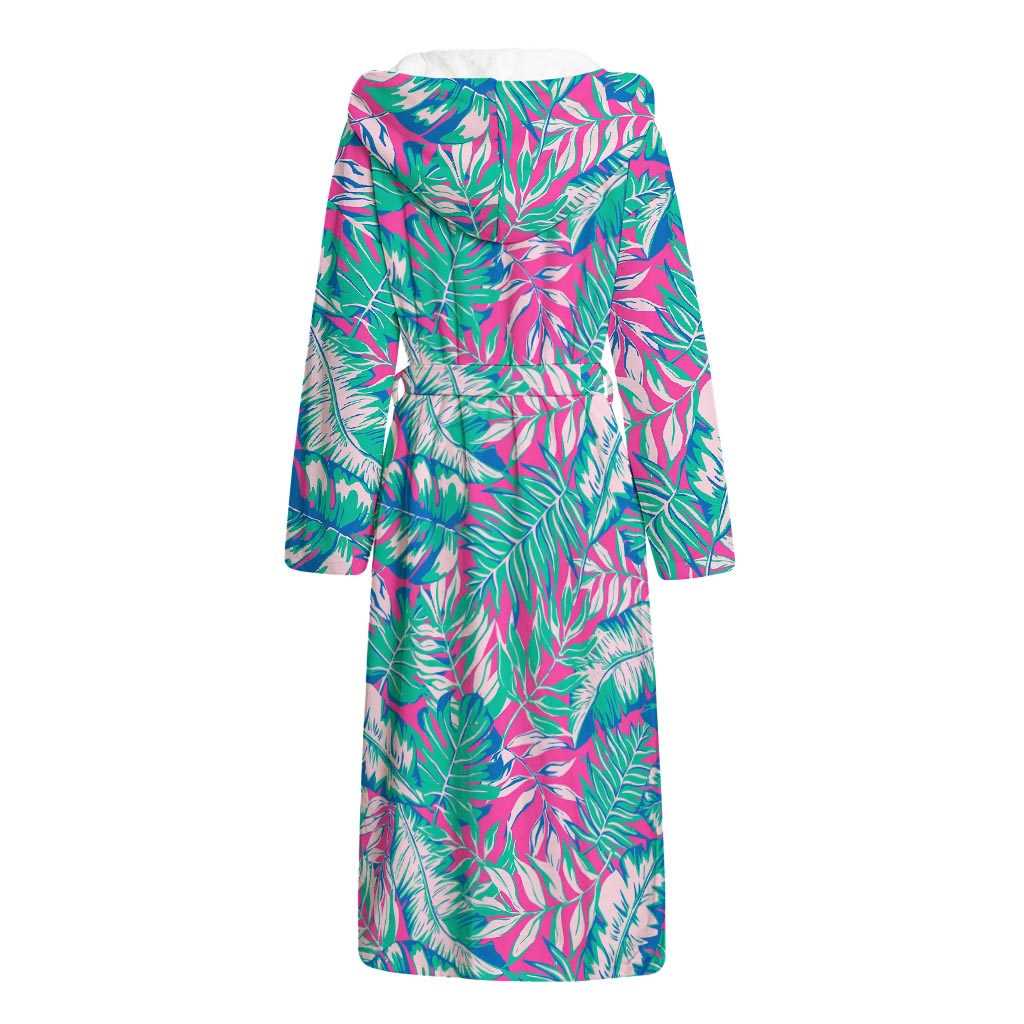 Teal Pink Blossom Tropical Pattern Print Hooded Bathrobe