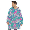 Teal Pink Blossom Tropical Pattern Print Hoodie Blanket