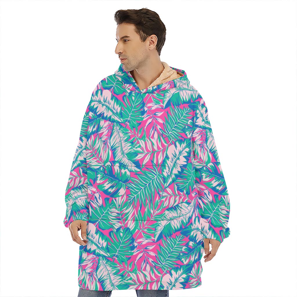 Teal Pink Blossom Tropical Pattern Print Hoodie Blanket