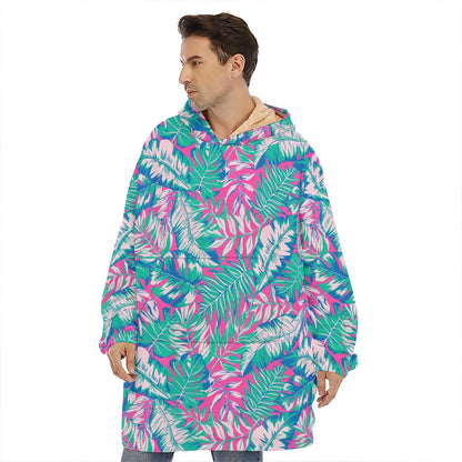 Teal Pink Blossom Tropical Pattern Print Hoodie Blanket