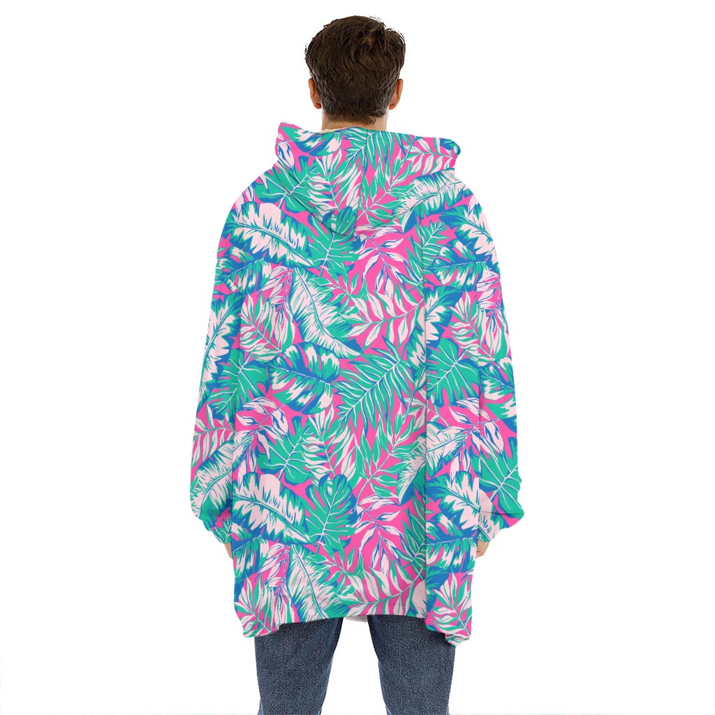 Teal Pink Blossom Tropical Pattern Print Hoodie Blanket