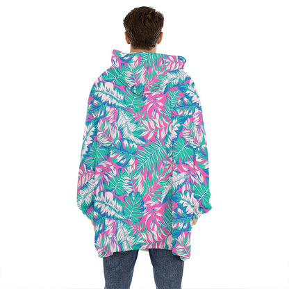Teal Pink Blossom Tropical Pattern Print Hoodie Blanket