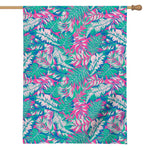 Teal Pink Blossom Tropical Pattern Print House Flag