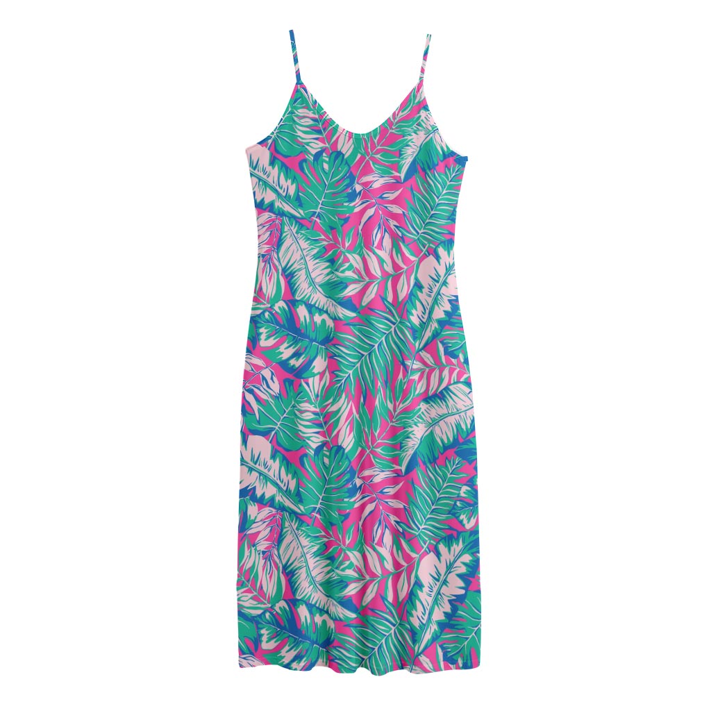 Teal Pink Blossom Tropical Pattern Print Jersey Midi Cami Dress