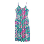 Teal Pink Blossom Tropical Pattern Print Jersey Midi Cami Dress