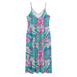 Teal Pink Blossom Tropical Pattern Print Jersey Midi Cami Dress