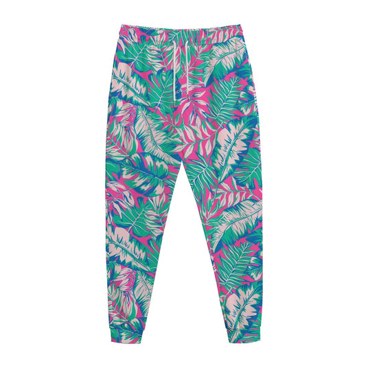 Teal Pink Blossom Tropical Pattern Print Jogger Pants