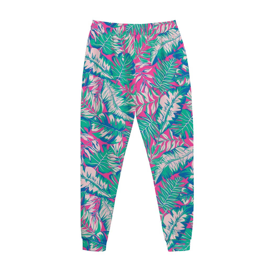 Teal Pink Blossom Tropical Pattern Print Jogger Pants