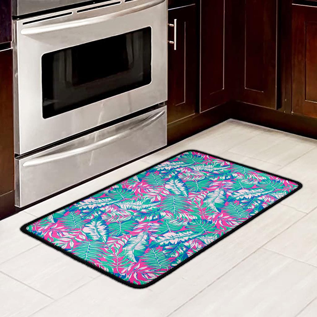 Teal Pink Blossom Tropical Pattern Print Kitchen Mat