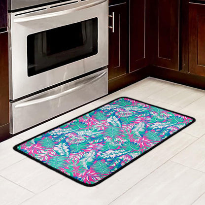 Teal Pink Blossom Tropical Pattern Print Kitchen Mat