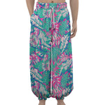 Teal Pink Blossom Tropical Pattern Print Lantern Pants