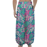 Teal Pink Blossom Tropical Pattern Print Lantern Pants