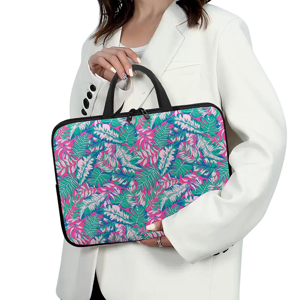 Teal Pink Blossom Tropical Pattern Print Laptop Sleeve With Handle