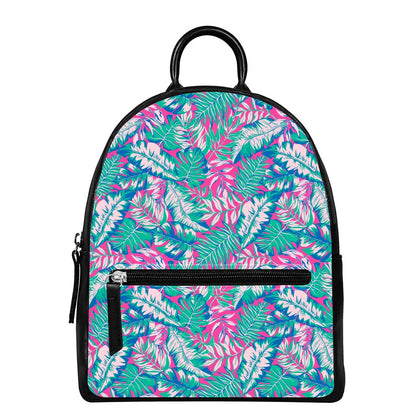 Teal Pink Blossom Tropical Pattern Print Leather Backpack