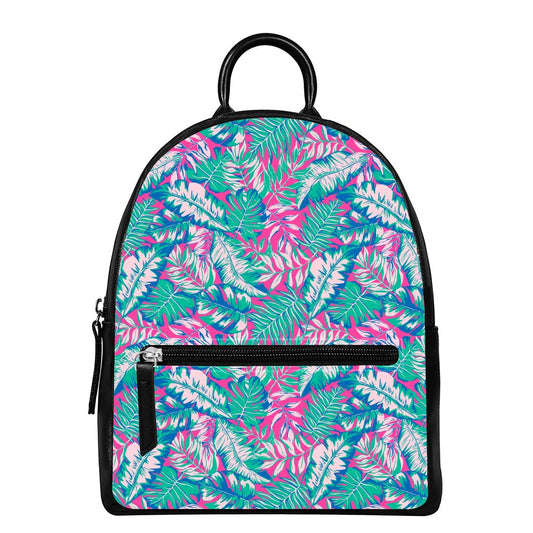 Teal Pink Blossom Tropical Pattern Print Leather Backpack
