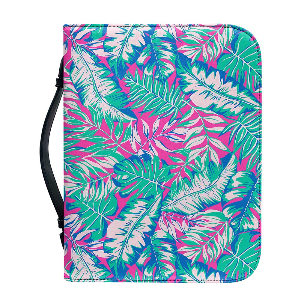 Teal Pink Blossom Tropical Pattern Print Leather Bible Cover