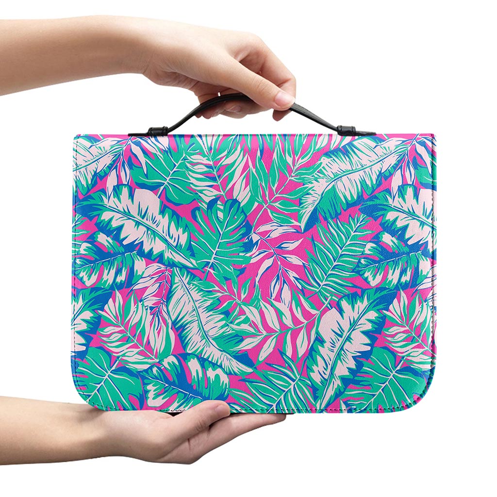 Teal Pink Blossom Tropical Pattern Print Leather Bible Cover