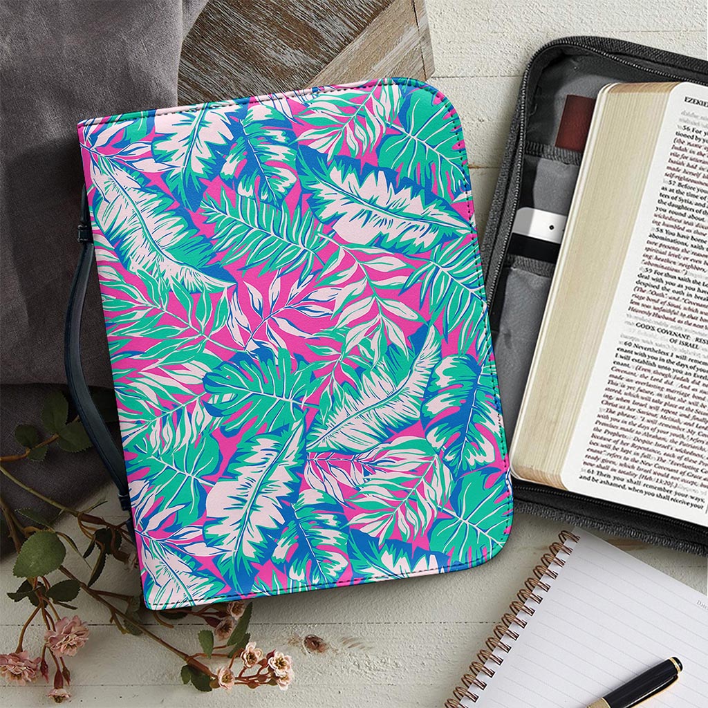 Teal Pink Blossom Tropical Pattern Print Leather Bible Cover