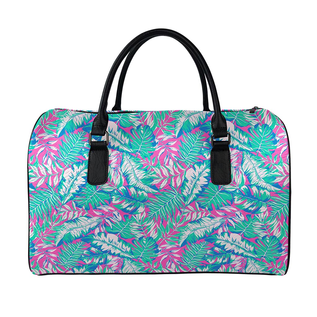 Teal Pink Blossom Tropical Pattern Print Leather Duffle Bag