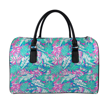 Teal Pink Blossom Tropical Pattern Print Leather Duffle Bag