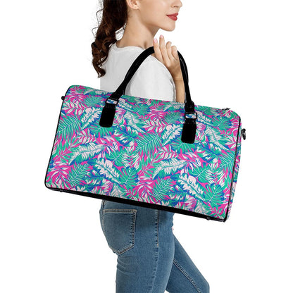 Teal Pink Blossom Tropical Pattern Print Leather Duffle Bag