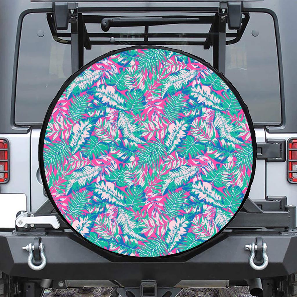 Teal Pink Blossom Tropical Pattern Print Leather Spare Tire Cover