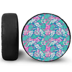 Teal Pink Blossom Tropical Pattern Print Leather Spare Tire Cover