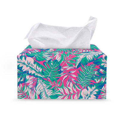 Teal Pink Blossom Tropical Pattern Print Leather Tissue Box Cover