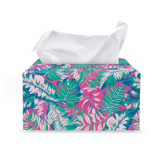 Teal Pink Blossom Tropical Pattern Print Leather Tissue Box Cover