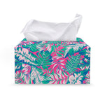 Teal Pink Blossom Tropical Pattern Print Leather Tissue Box Cover