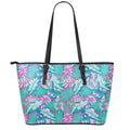 Teal Pink Blossom Tropical Pattern Print Leather Tote Bag With Zipper
