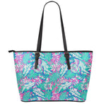 Teal Pink Blossom Tropical Pattern Print Leather Tote Bag