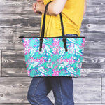 Teal Pink Blossom Tropical Pattern Print Leather Tote Bag
