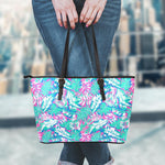 Teal Pink Blossom Tropical Pattern Print Leather Tote Bag