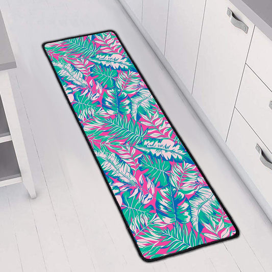 Teal Pink Blossom Tropical Pattern Print Long Kitchen Mat