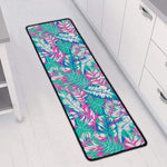 Teal Pink Blossom Tropical Pattern Print Long Kitchen Mat
