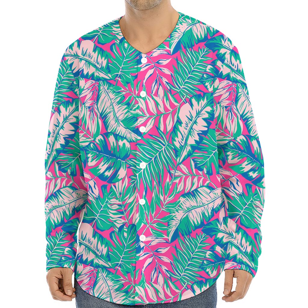 Teal Pink Blossom Tropical Pattern Print Long Sleeve Baseball Jersey