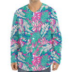 Teal Pink Blossom Tropical Pattern Print Long Sleeve Baseball Jersey