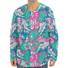 Teal Pink Blossom Tropical Pattern Print Long Sleeve Baseball Jersey