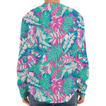 Teal Pink Blossom Tropical Pattern Print Long Sleeve Baseball Jersey