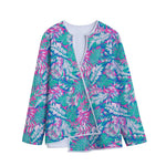 Teal Pink Blossom Tropical Pattern Print Long Sleeve Short Coat
