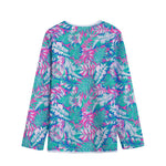 Teal Pink Blossom Tropical Pattern Print Long Sleeve Short Coat