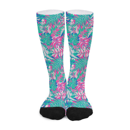 Teal Pink Blossom Tropical Pattern Print Long Socks