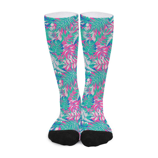 Teal Pink Blossom Tropical Pattern Print Long Socks